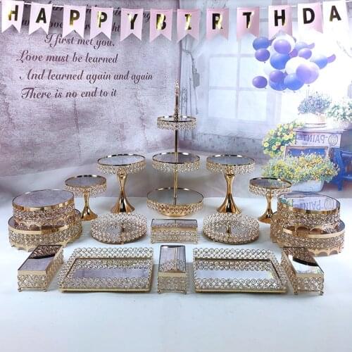 Crystal beads cake stand set gold plated mirror surface dessert stand wedding party table decoration baking tool