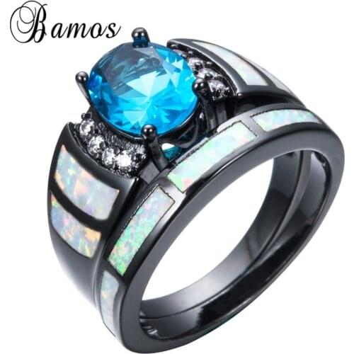 Bamos Light Blue Zircon Ring Sets For Women Men Black Gold Filled Wedding Party Rainbow Fire Opal Ring Love Jewelry RB1117