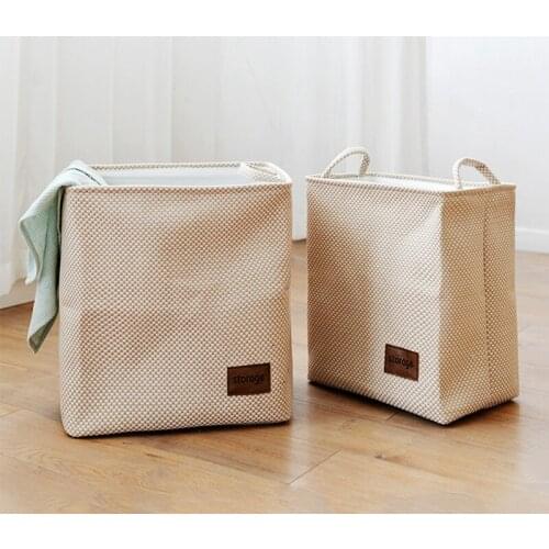 Japanese Style Cotton and Linen Fabric Square Storage Bucket Laundry Basket with Fine Plaid Pattern and Canbe Bundle a Mouth