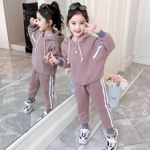 New Spring And Autumn Girls Sports Fashion Long-sleeved Suit Girls Thick Warm Suit Hooded Sweater + Pants 2-piece Set 6-14 Years