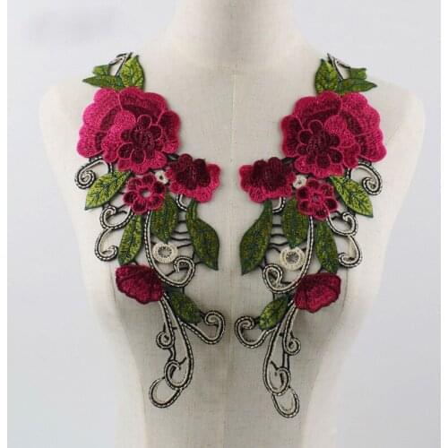 2Pcs/Set Flower Rose Pink Venise Lace fabric Applique Motif Blouse Sewing Trims, DIY Neckline Collar Patches Scrapbooking NL371