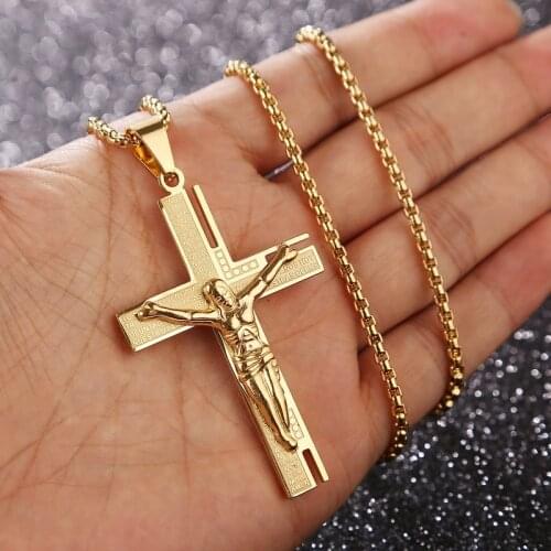 Christ Crucifix Gold Cross Religious Pendant Necklace with Chain