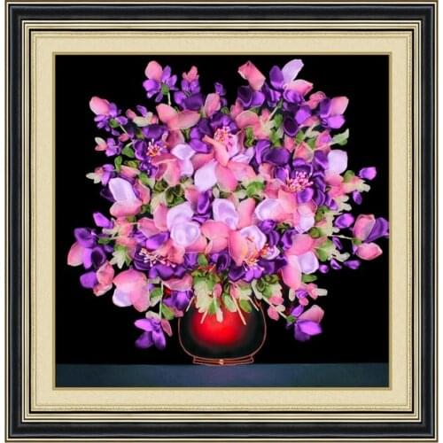 POVUOP Ribbon embroidery 48X48CM floweryness home paintings 3d print cross stitch three-dimensional embroidery