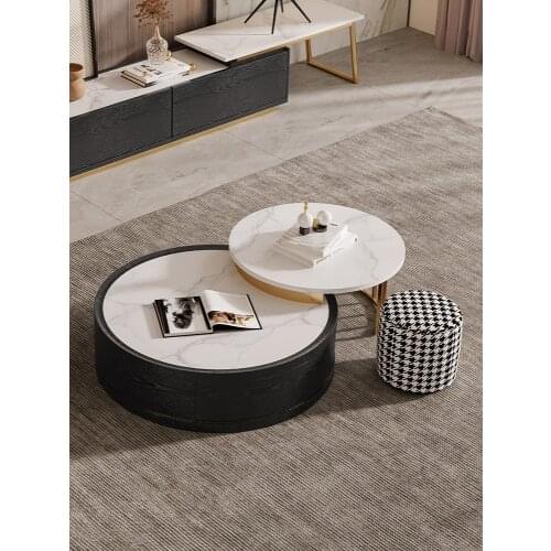Light luxury coffee table round living room high-grade retractable rock plate coffee table combination TV cabinet