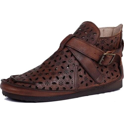 Summer woman sandals Genuine Leather Buckle Strap Flat Toe Round Toe Cutout Comfy Soft Retro Wedge Low Heels Shoes women shoes