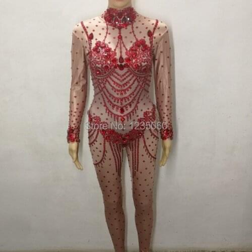Sexy Nude Red Black Glass Diamond Jumpsuit Stretch Skinny Bodysuit Female Nightclub Clothing Bar DJ Singer Pole Dancing Costumes