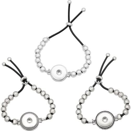 SG0233 New Fashion Beauty Silver plated Beads Leather snap bracelet bangle adjustable fit 18MM snap buttons snap jewelry