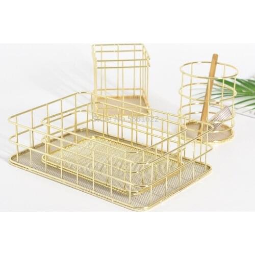 Nordic Golden Wrought Iron Storage Basket Office Desktop Sundries Makeup Brushes Pen Holder Table Cosmetics Organizer Net Basket