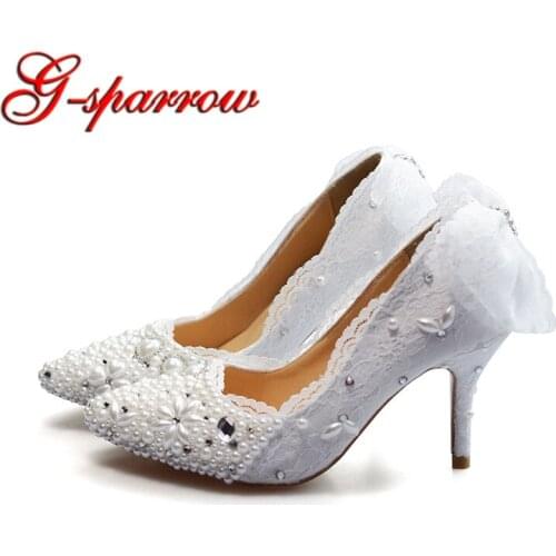 Wedding Shoes Lace Custom Made High Heel Pumps Bridal Shoes Ladies Evening Party Shoes Pumps Pointed Toe Spring Kitten Heels