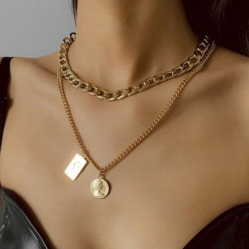 Vintage Double Layers Geometric Figure Pendant Necklace Women Punk Thick Chains Geometric Clavicle Necklace Colar Jewelry Gift