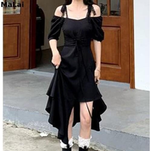 Woemn Casual Short Sleeve Black Midi Desses One Piece Dress Korean Elegant Vintage Dresses Design One Shoulder 2021 Summer Y2K