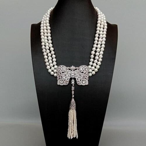 Y·YING 3 Strands Freshwater Cultured White Pearl Necklace Bowknot Shape Cubic Zirconia Pave Tassel Pendant