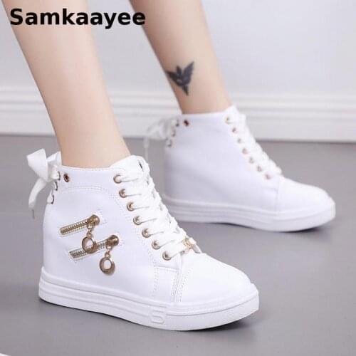 Size 35-40 Women Sneakers Spring Autumn Female Wedges Leather Vulcanize Shoes Platform Zapatos Zipper Mujer Lace-Up Footwear Y41