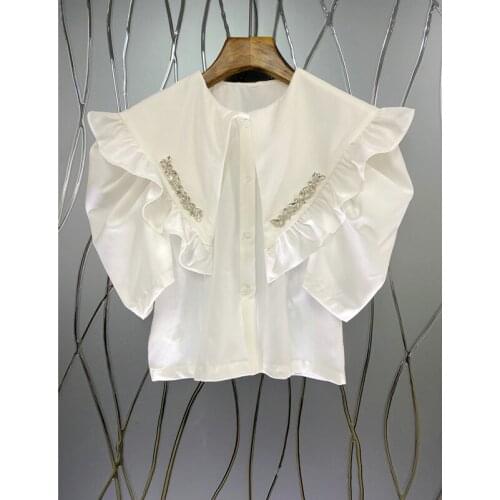 Beaded Puff Sleeved Women Shirts Summer New 2021 Puff Sleeved Short Empired Slim Loose Elegant Office Lady Outwear Tops