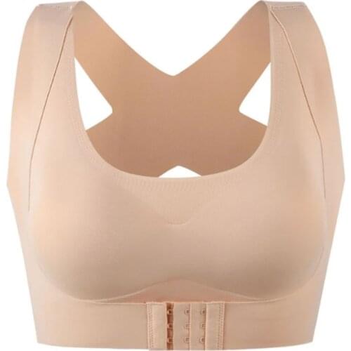 Women 2-In-1 Seamless Bra Underwear Front Buckle Push Up Bralette Criss Cross Back Wireless Posture Corrector Tank Top