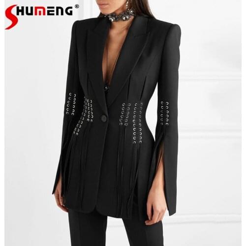 2021 Autumn New European Model Style Womens One Button Long Sleeve Suit Ladies Fashion Tassel Solid Color Office Lady Blazers