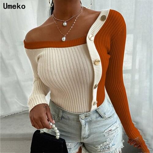 2021 Autumn Winter Women Color Block Oversized Knitted Cardigan Sweater Warm Jumper Button-up Female V-neck One Shoulder Tops