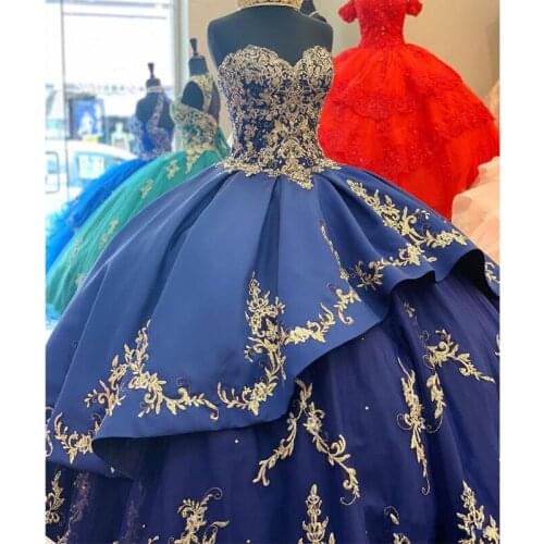 2020 Royal Blue Ball Gown Quinceanera Dresses Sweetheart Lace Appliques Beaded Satin Tiered Sweet 16 Custom Party Dress Formal