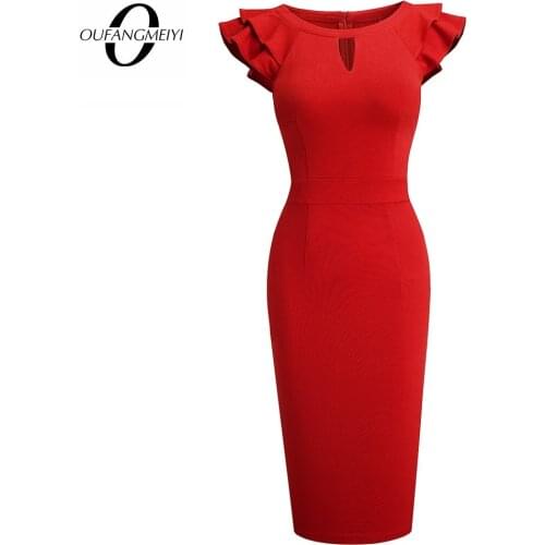Women Business Elegant Pure Color Round Neck Hollow Ruffle Sleeve Lady Bodycon Office Pencil Dress EB648