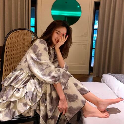 Ink print dress womens niche design feeling Ruffle temperament cake Dress 0409