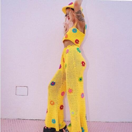 2021 Fashion Summer Womens Floral Crochet Long Pants Fashion Women Girls High Street Loose Pants Flower Knitted Hollow Pants