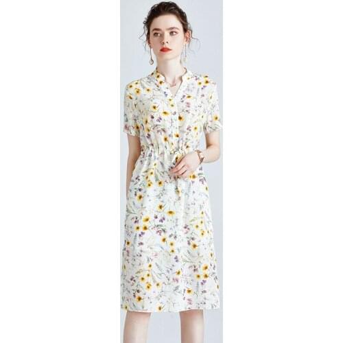 White Yellow Floral Silk Dresses Women Fashion 2021 Summer Long Casual Sexy Office Work Daily Dress Plus Size Slim Fit A Line