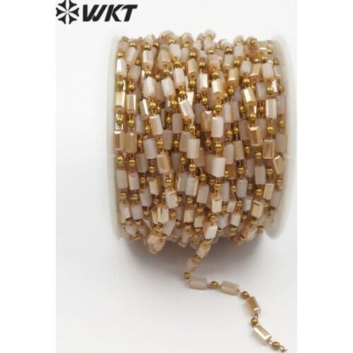 WT-RBC083 Handmade Brass Wire Wrapped Beads Chain Crean Color Rectangle Shape Faceted Crystal Beads Fashion Rosary Chain