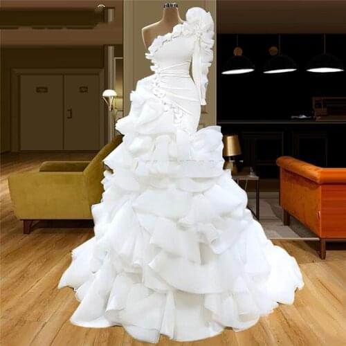 Elegant Ball Gown Skirt Mermaid White Prom Dress One Shoulder Draped vestidos de cóctel Wedding Party Dress
