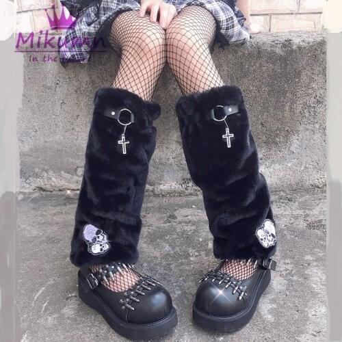 Harajuku Gothic Cross Skull Plush Leg Warm Socks Women Winter Warmer Foot Cover Chic Streetwear Punk Rock Leg Warmers