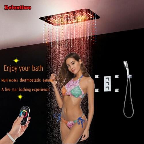 Crystal Pendant LED Ceiling Overhead Rain Shower Massage Spray Mist Bathroom Concealed Thermostatic Ducha Shower Faucet Batidora