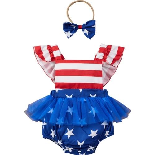 0-18M Infant Newborn Baby Girl Romper Bow Headband American Flag Print Independence Day Summer Clothing