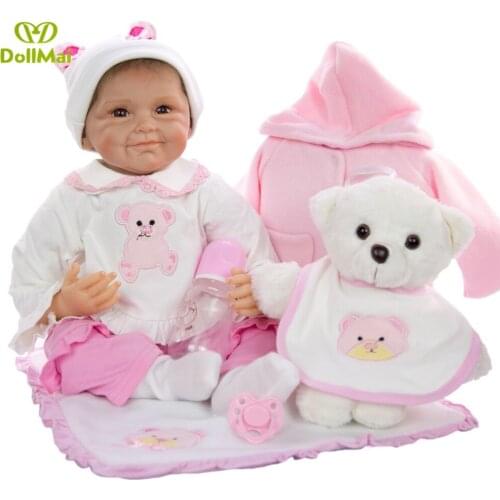22" bebe doll reborn babies with pink cartoon bear clothes silicone reborn dolls children Christmas gift toys bonecas reborn