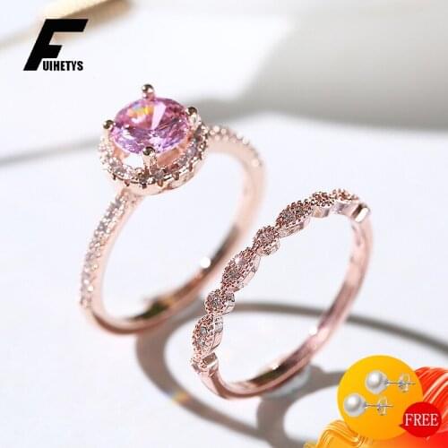 Bali Jelry Trendy Silver 925 Ring Jewelry Round Pink Zircon Gemstone 2 in 1 Charm Rings for Women Wedding Engagement Accessories