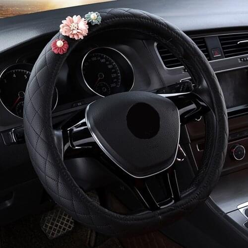 2018 New Full Leather Auto Car Steering Wheel Cover with Flowers Breatheable Anti-skid for Girl Women Car Interior Styling