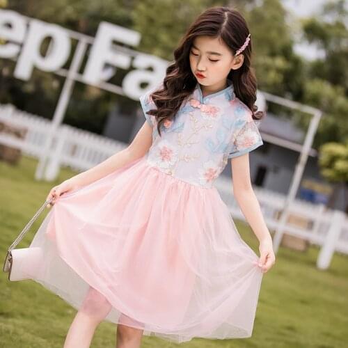 10 12 years Kids Girls QiPao Short Sleeve Chinese Style Mesh Dresses 2021 New Party Celebration Children Dress