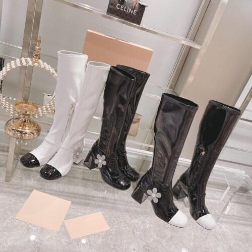 2021Newest Winter Shoes Woman Retro Patent Leather Knee High Boots Woman Patchwork Boots Woman Round-Toes High Heels Boots Woman
