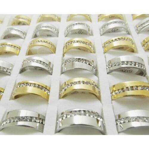 Wholesale 50 pcs 8mm Two-color Inner arc slash inlay zircon Stainless steel rings