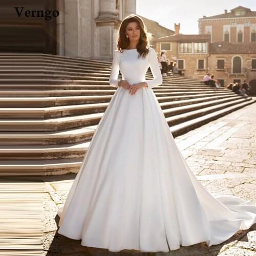 Verngo A-line Wedding Dress Ivory Satin Wedding Gowns Elegant Long Sleeve Bride Dress Abito Da Sposa 2020
