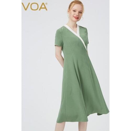 VOA Silk Heavy Blue Gray Cross Collar Collision Material Stitching Open Line Decoration Waist Big Swing Short Sleeve Dress A28