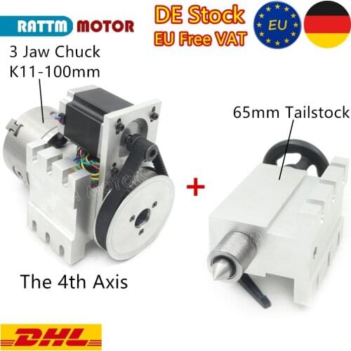 【EU Free Ship】CNC 4th axis A aixs, rotary axis 3 jaw Chuck K11-100mm + 65mm Tailstock for Mini CNC router/woodworking engraving