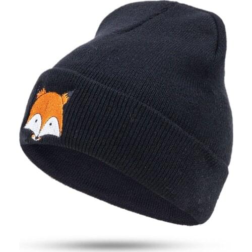 2021 Womens Winter Cartoon Fox Embroidery Skullies Beanies For Men Autumn Bob Knitted Hat Skiing Warm Bonnet Cap Gorras Hombre