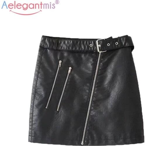Aelegantmis Elegant Office Lady Zipper Pu Leather Skirt Women Summer Casual High Waist A-line Skirt with Belt Mini Short Skirt