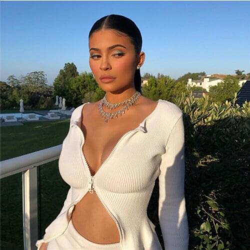 Women Autumn Double Zippers Cropped Tshirt Slim Fit Rib Knit Cardigan Top Tees Black White Short T-shirt Streetwear Clothes