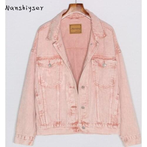Vintage Pink Denim Jacket Womens 2021 Autumn Loose Plus Size Long Sleeve Casual Jean Jacket Streetwear Short Denim Coat Female