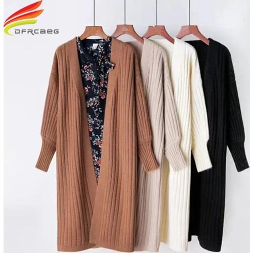 Long Cardigan Women 2020 Autumn Winter New Rib Knit Top V-Neck Cardigans Loose Oversize Lady Sweaters Tops Outwear