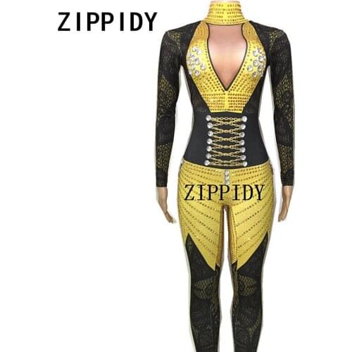 Bright Rhinestones Chains Printed Rompers Big Crystals Stretch Sexy Jumpsuit Womens Singer Dancer DS Nightclub Celebrate Outfit