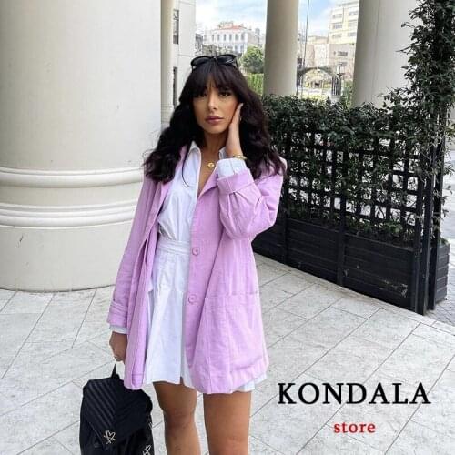 KONDALA Za Office Lady 100% Cotton Blazer Women Unicolor Violet Oversized Long Shirt Blazer V Neck Pockets Streetwear Outwear