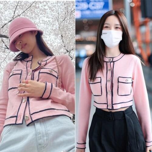 Women Sweater Early Autumn 2021 New Pocket Color Girl Thin Round Collar Pink Tender Knitting Cardigan