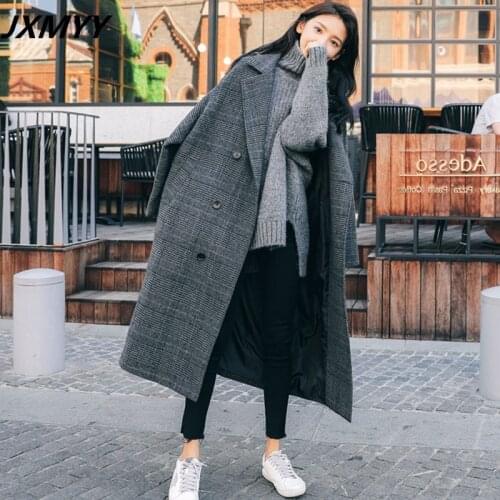 JXMYY Plus plus size fat sister mid-length over-the-knee woolen coat for fall/winter 2020 new thin houndstooth plaid coat women