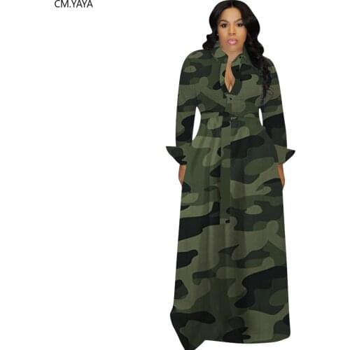 CM.YAYA S-4XL Plus Size Women Winter Dress Camouflage Print Maxi Dress Full Sleeve Sexy Night Party Fit & Flare Long Dresses